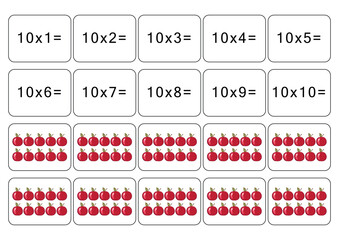 Multiplication and division table of 10. Maths card with an example, drawing. Multiplication Square, vector illustration. Printed products, table for children. School education, logical task.