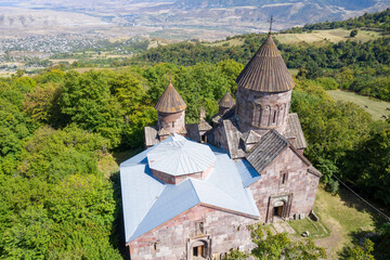 Fototapeta na wymiar Birds eye view of Makaravank Monastery on sunny summer day. Tavush Province, Armenia.