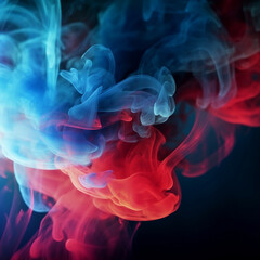 Obraz premium Color smoke abstract background. Cold and hot contrast. Defocused blue red contrast light glowing vapor floating cloud texture. Generative AI