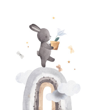 Cute bunny walks on a rainbow. Watercolor illustration. Circus show. Bunny with a flower.
