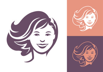 Beautiful girl face with hair front view hairdresser beauty salon or cosmetics brand business logo template vector illustration.