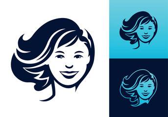 Beautiful woman face and hair front view hairdresser beauty salon or cosmetic brand vector business logo template.