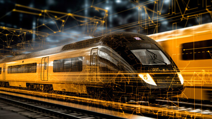 Fototapeta premium The picture of a train on a background of analytics data represents the transportation and logistics industries, highlighting the role of railway transportation in these fields.