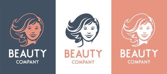 Beautiful woman face business logo template front view for hairdresser beauty salon or cosmetic brand vector illustration.