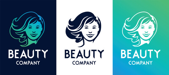 Beautiful woman face business logo template front view for hairdresser beauty salon or cosmetic brand vector illustration.