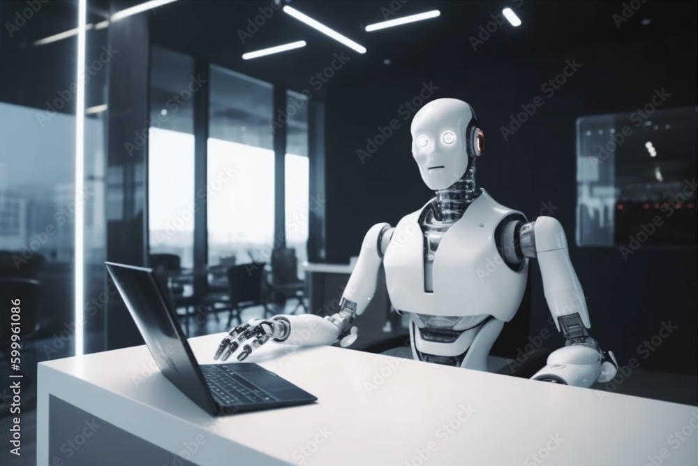 Aufkleber paper office document hand laptop robot artificial digital ai technology. generative ai.