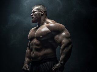 a heavy weight bodybuilder in dark background. Generative AI