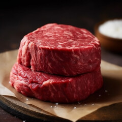 Raw meat on a wooden board, generative ai