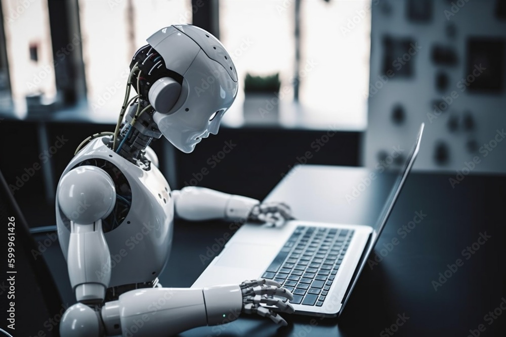 Poster office digital hand paper artificial document ai laptop robot technology. generative ai.