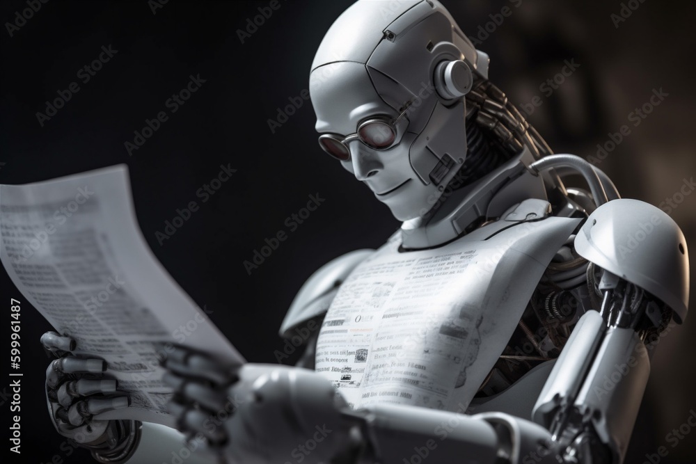 Poster artificial hand ai laptop document technology digital robot office paper. generative ai.