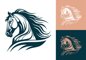 Vector silhouette of a horse head logo template design line art illustration isolated on white and dark backgrounds. Dynamic stallion head brand identity logotype design. - obrazy, fototapety, plakaty
