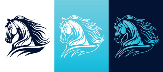Horse head mascot side view vector art image business company logo template, brand identity logotype on white and dark backgrounds.