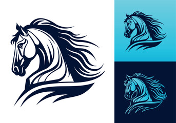 Obraz premium Vector silhouette of a horse head logo template design line art illustration isolated on white and dark backgrounds. Dynamic stallion head brand identity logotype design.
