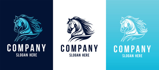 Obraz premium Horse head mascot side view vector art image business company logo template, brand identity logotype on white and dark backgrounds.