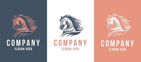 Stallion mascot front and side view company logo vector line art illustration on black and white background. Horse head business logo design.