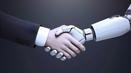 Robot and businessman in handshake. Concept of human robot relationships. AI generated image.
