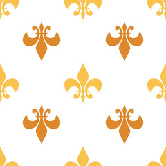 Gold Mardi Gras Carnival seamless pattern with gold fleur-de-lis. Mardi Gras endless on white background, texture, wrapper.	