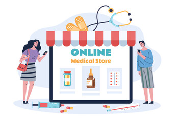 Medication pharmacy order app retail online medical concept. Vector graphic design illustration