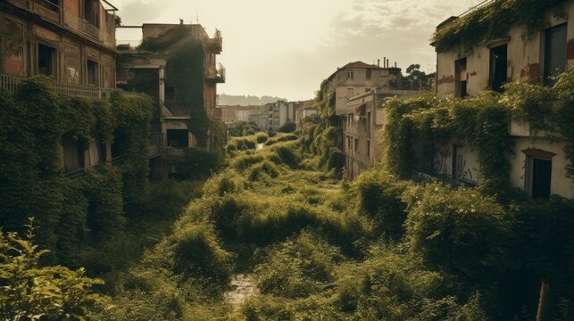 A city covered in vines and overgrowth taken. AI generated