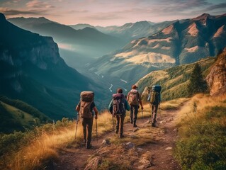 A group of friends hiking along a scenic trail, with a stunning view of a valley and mountains in the distance. Generative AI