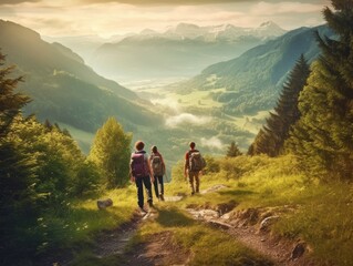 Obraz premium A group of friends hiking along a scenic trail, with a stunning view of a valley and mountains in the distance. Generative AI