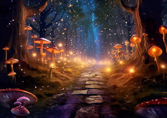 Obraz na płótnie Canvas A path that leads to a separate world in the depths of the forest. Wonderful environment for fairy tale illustrations and even wallpaper.Magic fairytale forest with fireflies lights.AI generated illus