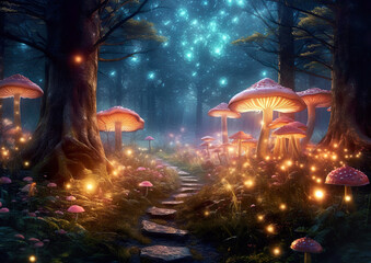 A path that leads to a separate world in the depths of the forest. Wonderful environment for fairy tale illustrations and even wallpaper.Magic fairytale forest with fireflies lights.AI generated illus - obrazy, fototapety, plakaty