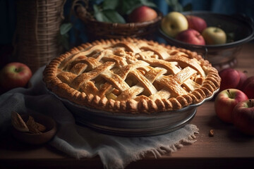 Freshly baked apple pie lies on the table on a towel. On the table next to the pie ripe red garden apples lie nearby. Cozy rustic style, homemade cakes. Generated by AI