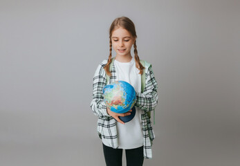 Caucasian young teenager schoolgirl student holding a globe on a gray background, isolated. Happy earth day