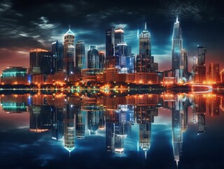 Fototapeta na wymiar A panoramic view of a city skyline at night, with bright lights and reflections on the water. Generative AI