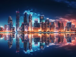 A panoramic view of a city skyline at night, with bright lights and reflections on the water. Generative AI