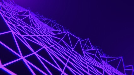 Abstract 3D background sci-fi hi-tech 80s retrowave retro futuristic seamless loop. Vaporwave synthwave neon videogame landscape with glowing purple low poly terrain grid. Computer graphics, 4K render