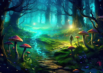 Fototapeta na wymiar A path that leads to a separate world in the depths of the forest. Wonderful environment for fairy tale illustrations and even wallpaper.Magic fairytale forest with fireflies lights.AI generated illus