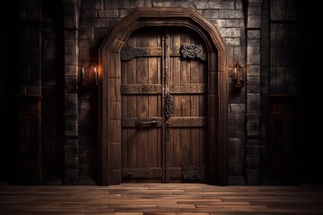 Fototapeta na wymiar Wooden doors in medieval castle. Ai