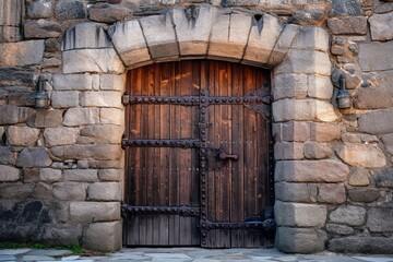 Fototapeta na wymiar Wooden doors in medieval castle. Ai