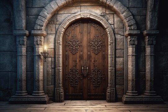 Wooden doors in medieval castle. Ai