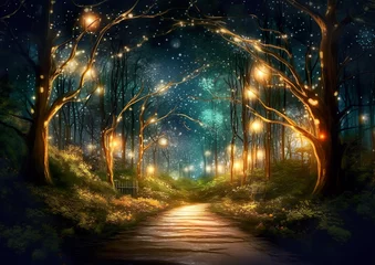 Keuken foto achterwand Sprookjesbos A path that leads to a separate world in the depths of the forest. Wonderful environment for fairy tale illustrations and even wallpaper.Magic fairytale forest with fireflies lights.AI generated illus