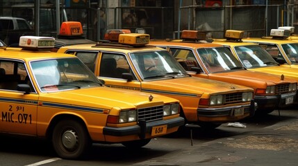 A fleet of taxis waiting at a stand. AI generated