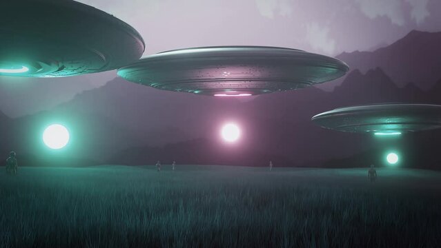 3 Alien UFOs Spaceships in a Grass Field - Loop Scifi Abstract Landscape Animation Background V3