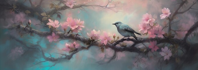 Soft Colored Romantic Vintage Sprint Blossom Tree Branch Digital Generated Illustration