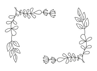 Frame, border. Floral ornament. Abstract Flowers, branches and leaves. Banner, space for text. Set of simple drawings of plants. Collection, Hand-drawn linear vector drawing for print, cover , card .