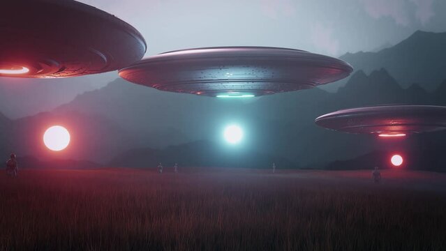 3 Alien UFOs Spaceships in a Grass Field - Loop Scifi Abstract Landscape Animation Background V2