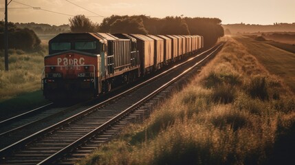 Fototapeta premium A freight train passing through a countryside. AI generated
