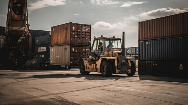 A forklift loading a container onto a truck. AI generated