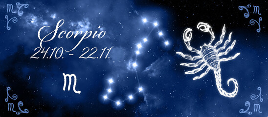 Beautiful representation of the zodiac sign scorpio with a hand-made image of the zodiac sign, depiction of the associated constellation, the zodiac date and name, all deposited in the aura color 