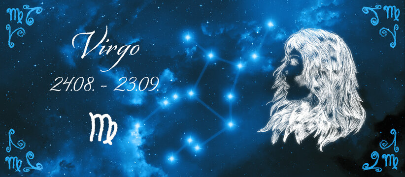 Beautiful representation of the zodiac sign virgo with a hand-made image of the zodiac sign, depiction of the associated constellation, the zodiac date and name, all deposited in the aura color 