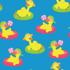 Seamless pattern of funny ducks swimming in the water on the rings for the pool. The ducks are dressed in a hat, glasses and a polka dot bandana. Positive illustration in cartoon style.