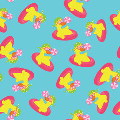 Seamless pattern of funny and cute ducks swimming in water on pool rings. The duck is wearing glasses and a polka dot bandana. Positive cheerful children's illustration in cartoon style.
