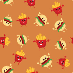 Obraz premium Hamburger and french fries seamless pattern in cartoon style. Funny fast food character design for textile, packaging, wallpaper.