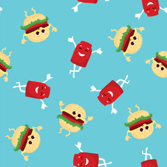 Seamless pattern hamburger and funny soda in cartoon style. Funny fast food character design for textile, packaging, wallpaper.